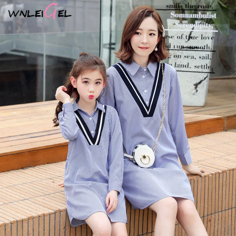 

WLG 2019 spring family matching clothes mother and daughter dresses blue striped long sleeve fashion dress