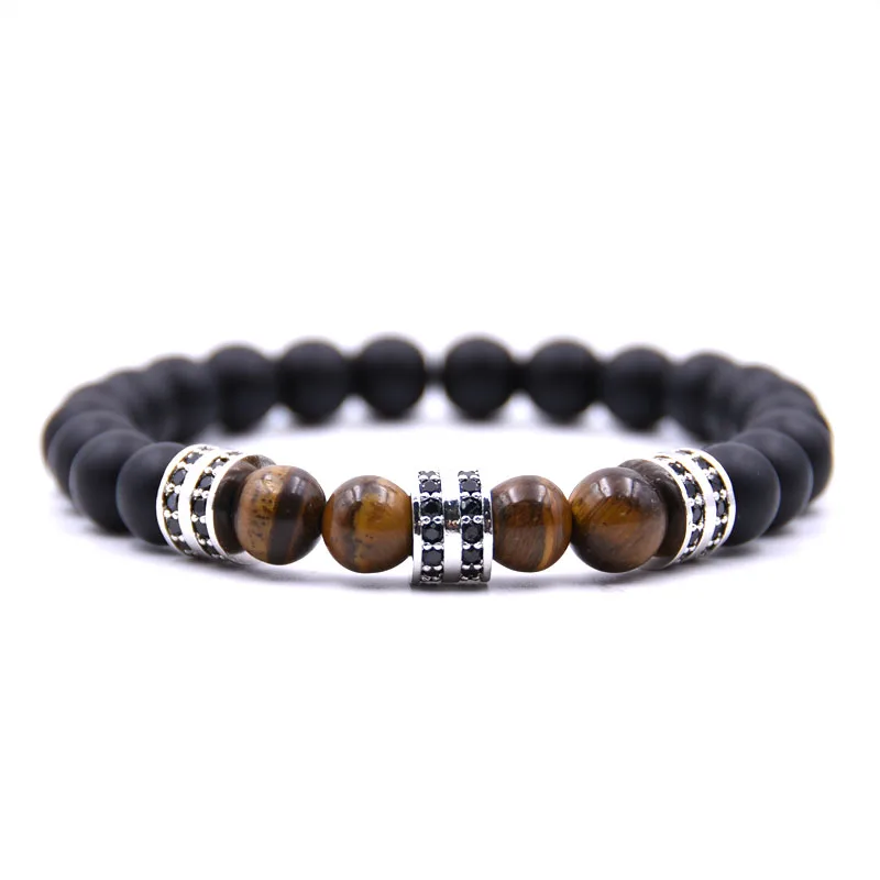 

KANGKANG 8mm Dazzling Cool Matte Black stone Beads Bracelet For Women&Men Handmade Pave CZ Cylindrical Bracelets popular jewelry