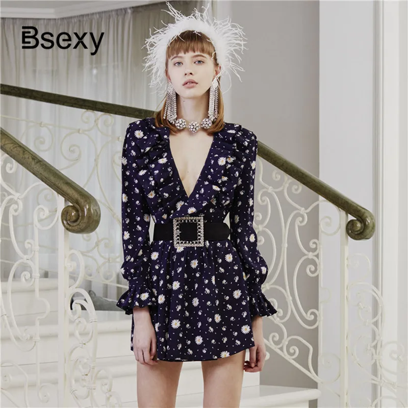 

2019 Autumn Deep V neck Ruffled Daisy Printed Women Dress Elegant Long Sleeve Slim A line Short Dress With Belt Holiday Dress