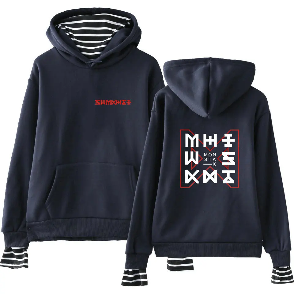  2018 MONSTA X Fake Two Pieces fleece Hoodie Kpop Pullovers Hoodies and Sweatshirts plus size Tops H