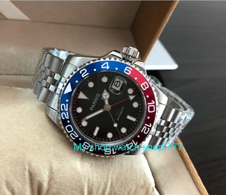 Skup 40mm PARNIS szafirowe GMT automatyczne maszyny ruch luminous zegarki męskie niebieski i czerwony bezel pa61 p8