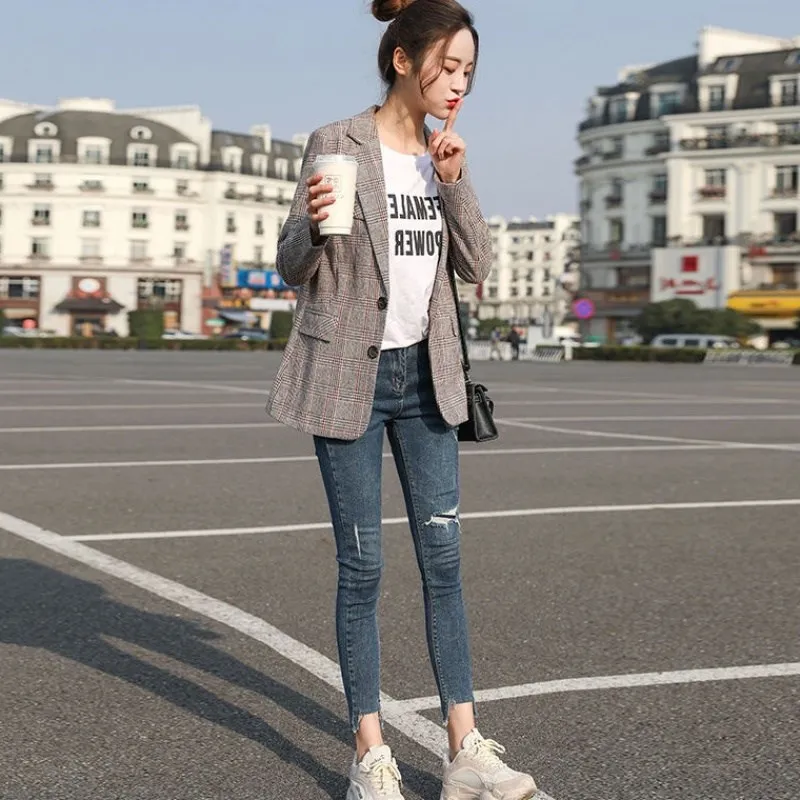 2019 Autumn and Winter New Women Blazers Fashion Casual British Style Blazer Feminino Plus Size 3XL Single Breasted Notched 90s