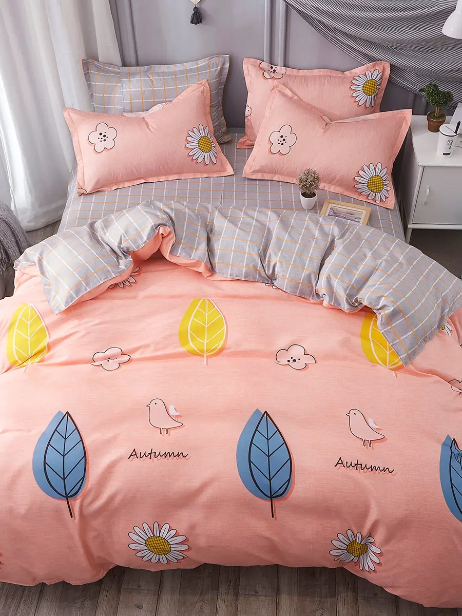 

4 Pcs Duvet Cover Set Fresh Style Cartoon Animal Leaf Pattern Bedding Set