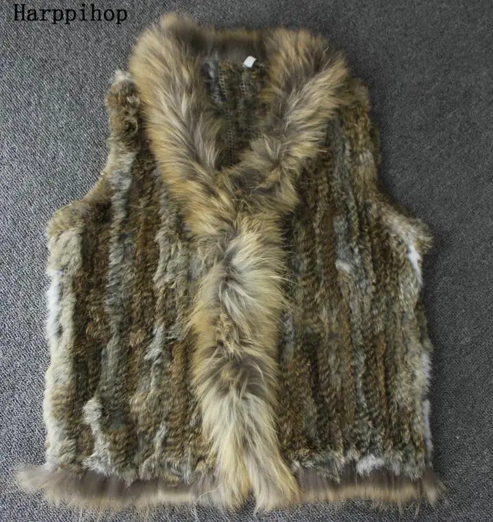 11.11 não venda Mulheres Genuine Natural Real da pele do coelho Malha Coletes/Colete/gilet/casacos com borlas Raccoon gola de pele