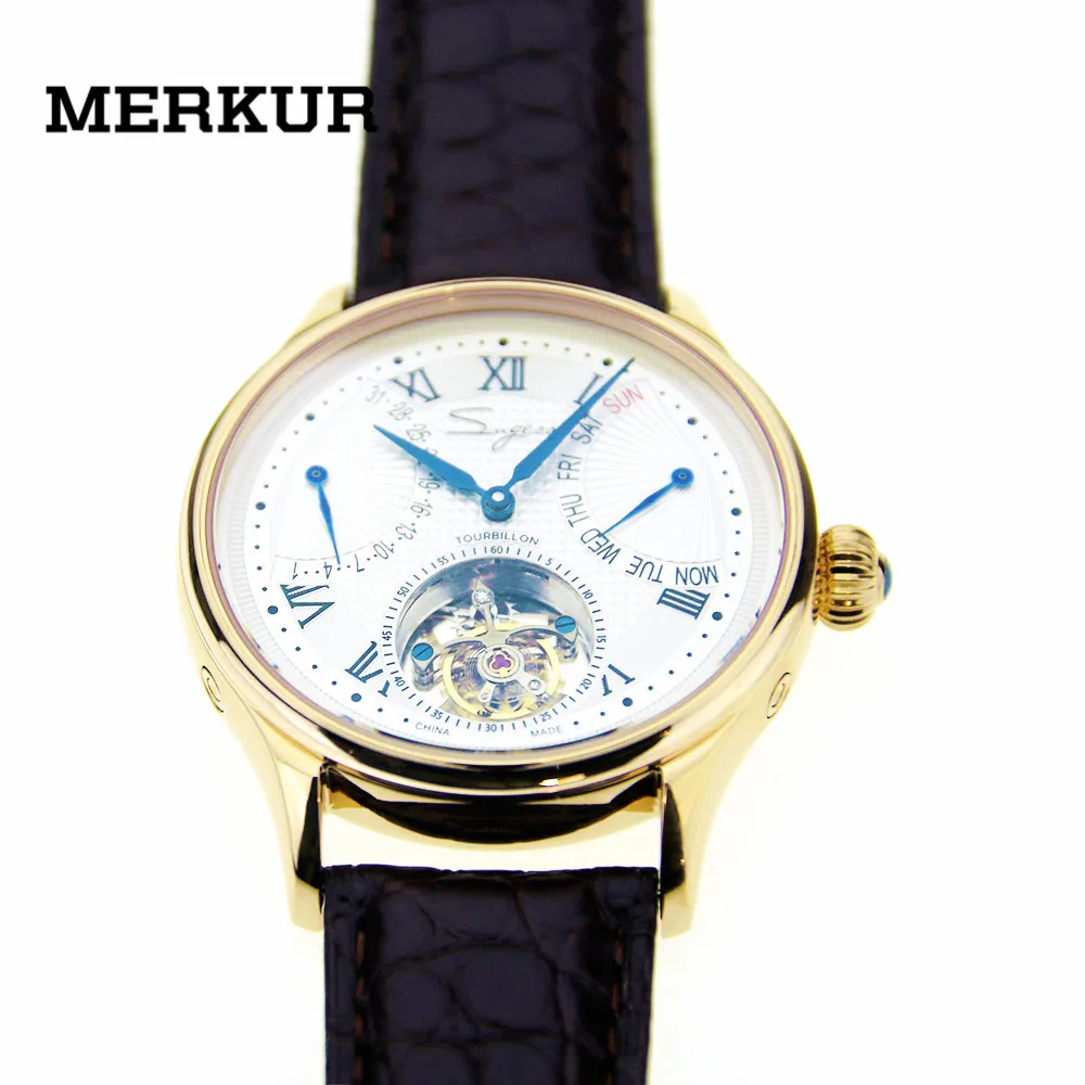 

Tourbillon Mens Wrist Watch Sugess Week Calendar Flying Back Seagull Movt Luxury 8004 Stainless Steel Gold Plated