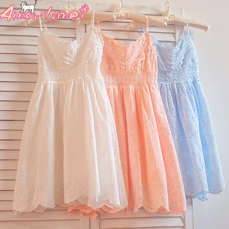 

V-neck Hollow Out Flower Embroidery Lace Spaghetti strap Dress 2019 Summer Women Cute Mori Girl Cotton Casual Dresses