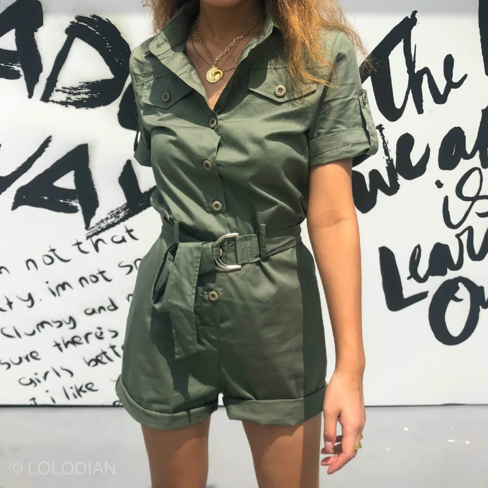 2019 New Arrival Top Cotton Solid Vadim Jumpsuit Women Body Feminino Jumpsuit Tooling Wind Piece Olive Curling Women's Clothing