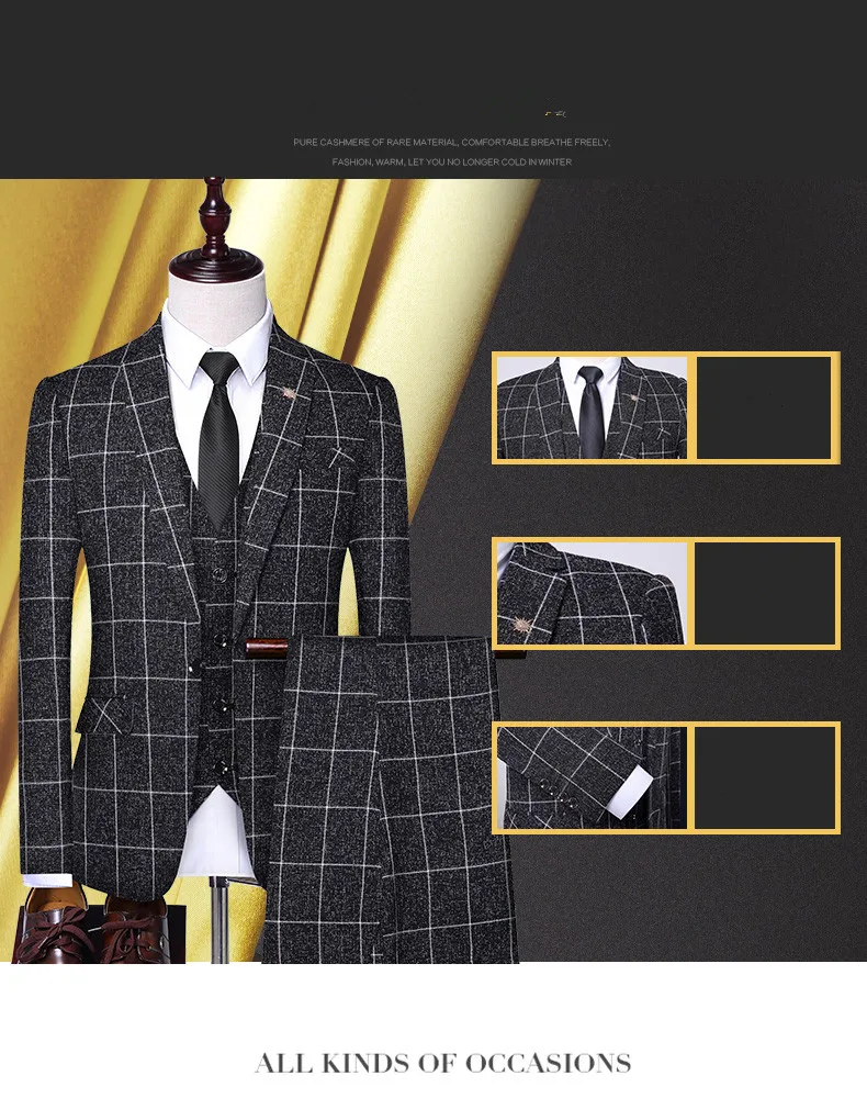 Пальто+ жилет+ брюки), свадебное платье жениха, комплект с платьем в клетку, мужской модный бутик, деловой повседневный деловой комплект, комплект из трех предметов