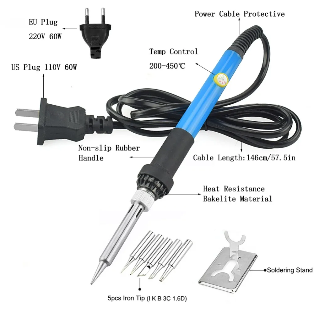 Toolour US/EU 110V/220V 60W Electric Soldering Iron Kit Adjustable Temperature Welding Tool Set with 5 Iron Tips Soldering Stand Toolour US/EU 110V/220V 60W Electric Soldering Iron Kit Adjustable Temperature Welding Tool Set with 5 Iron Tips Soldering Stand