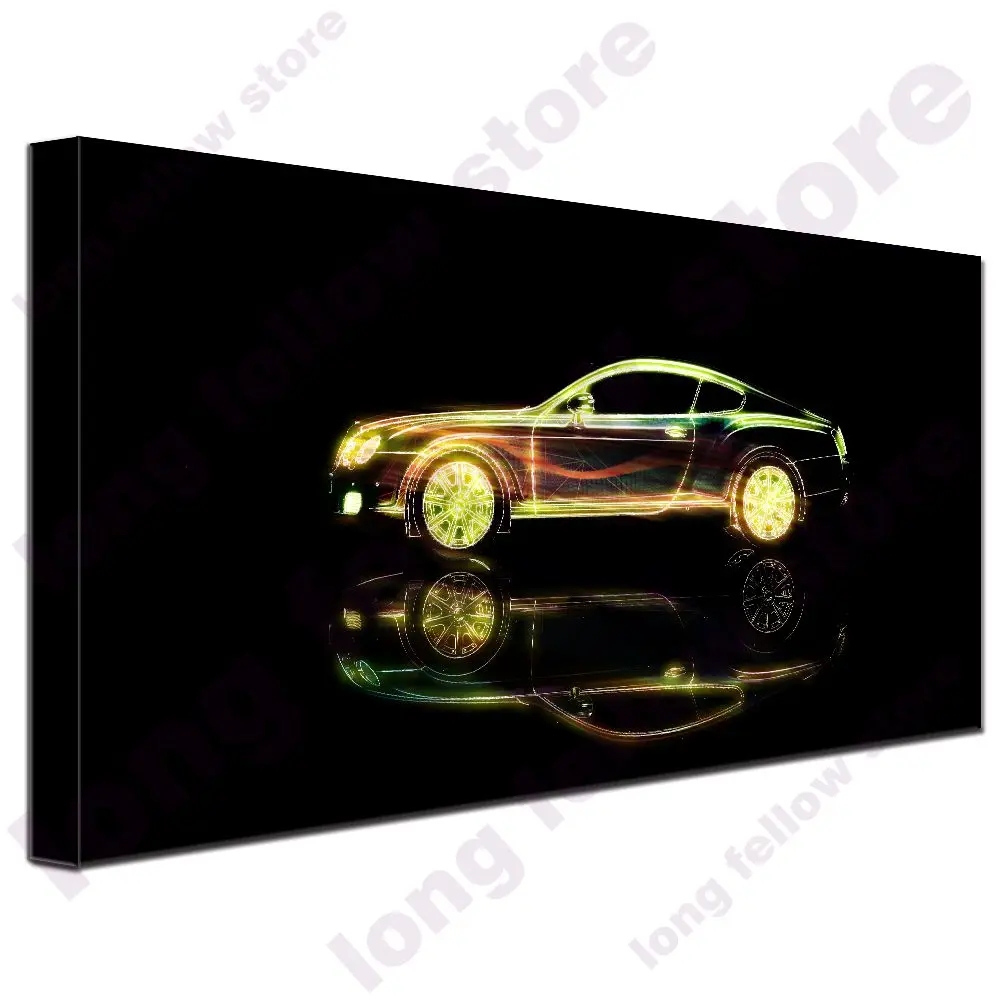 Large Posters and Prints Golden Sports Car Cartoon Picture for Bedroom Office Wall Decor Abstract Artwork Wall Art Home Decor