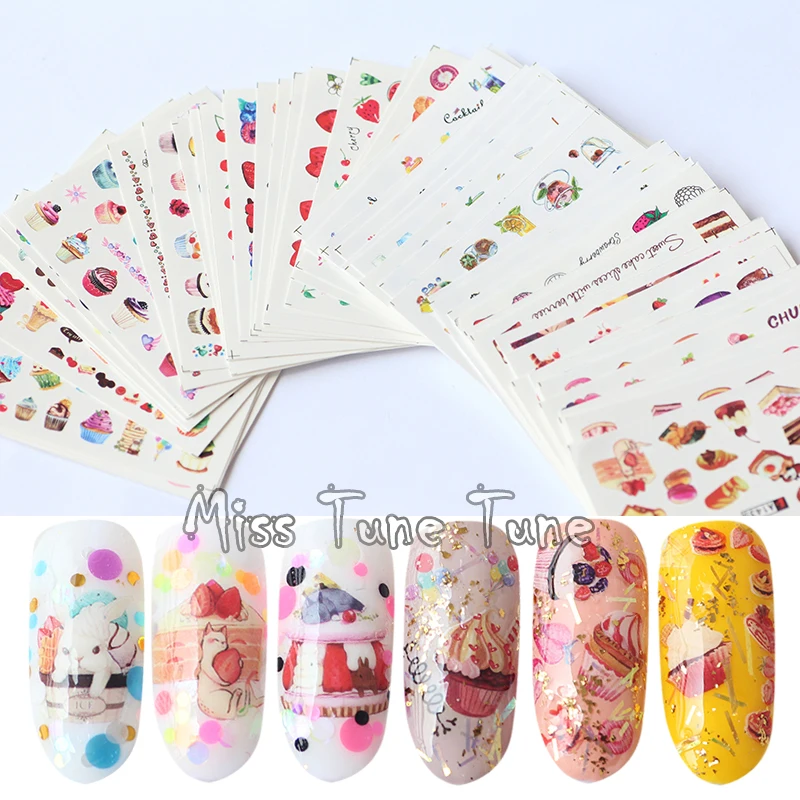 

36PCS/Set Mixed Fruits Cheery Watermelon Cakes Desserts Water Transfer Nail Stickers Wraps Decals Designs Watermark Nail Tips