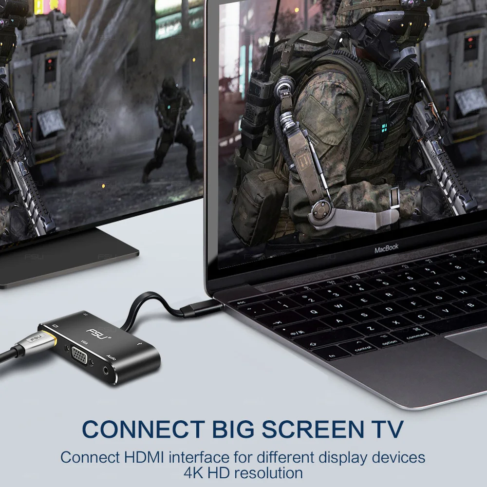 FSU USB C HDMI Cable Type C to VGA Thunderbolt 3 Adapter for MacBook Samsung S9/S8 Huawei Mate 20 P20 Pro USB-C HDMI VGA HUB