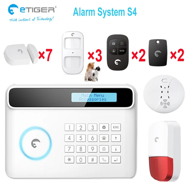 Pet movement friendly detector anti fire alarm etiger S4 DIY gsm home alarm security system set