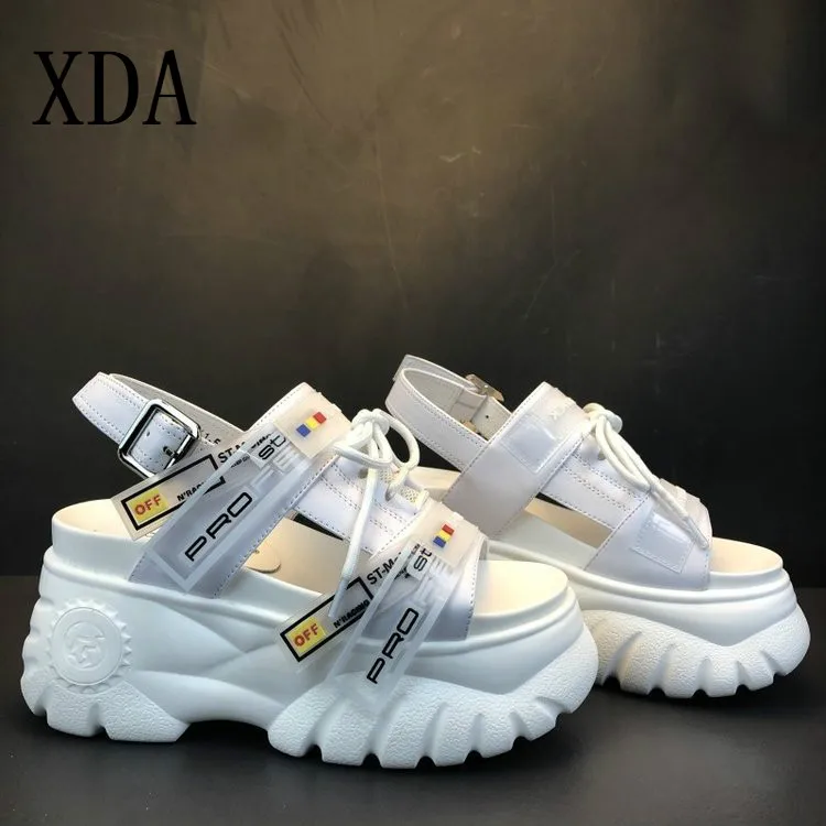 XDA Summer Women 8cm Wedge High Heels 2019 Chunky Sandals Buckle Female Shoes Platform Leather Casual Slippers Woman Sandals