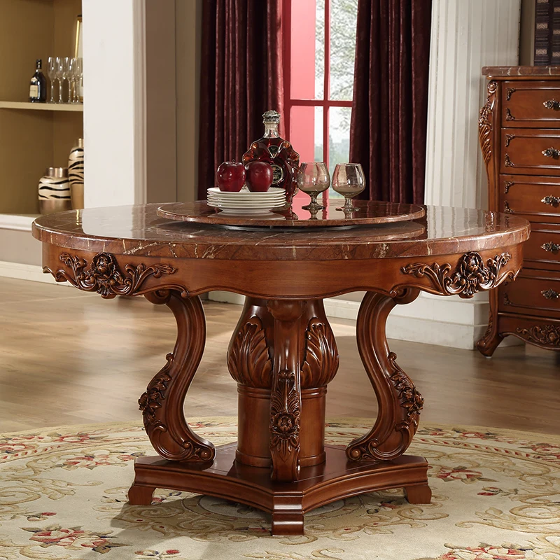 European Style Solid Wood Carved Round Marble Table With 6 Chairs