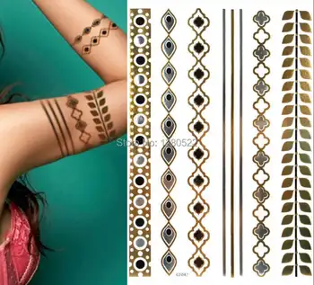 

4sheets 21x15cm jewellery inspired tattoo geometric Metallic tattoo Temporary large Flash Tattoo Gold black arm chain