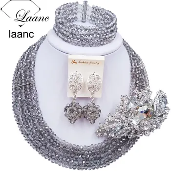 

Laanc Handmade Grey Gray Crystal Beaded Necklace Nigerian Wedding African Beads Jewelry Set for Women 5DS018
