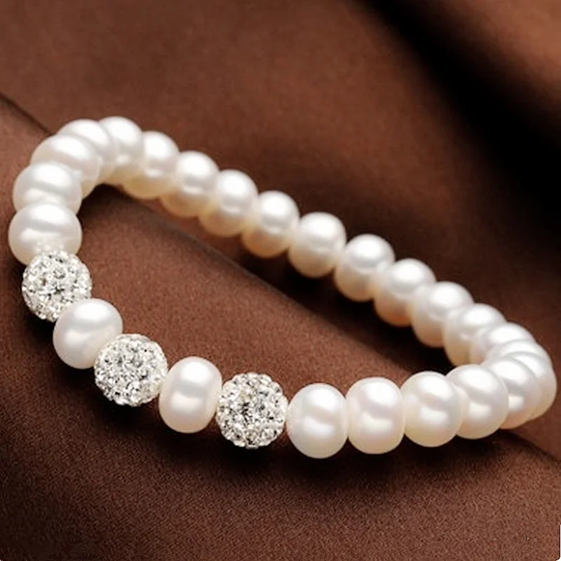 

Real AAAA 8-9mm natural oblate pearl Shambhala drill ball bracelet Fashion elasticity bracelet For women Free shipping