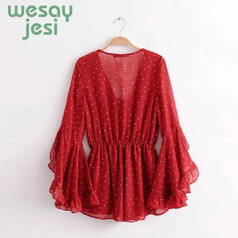 Women Red Bohemian Playsuit Dot Printed Rompers Long Flare Sleeve Jumpsuit Elegant Ruffles Sleeve Chiffon Playsuit Women Red Bohemian Playsuit Dot Printed Rompers Long Flare Sleeve Jumpsuit Elegant Ruffles Sleeve Chiffon Playsuit