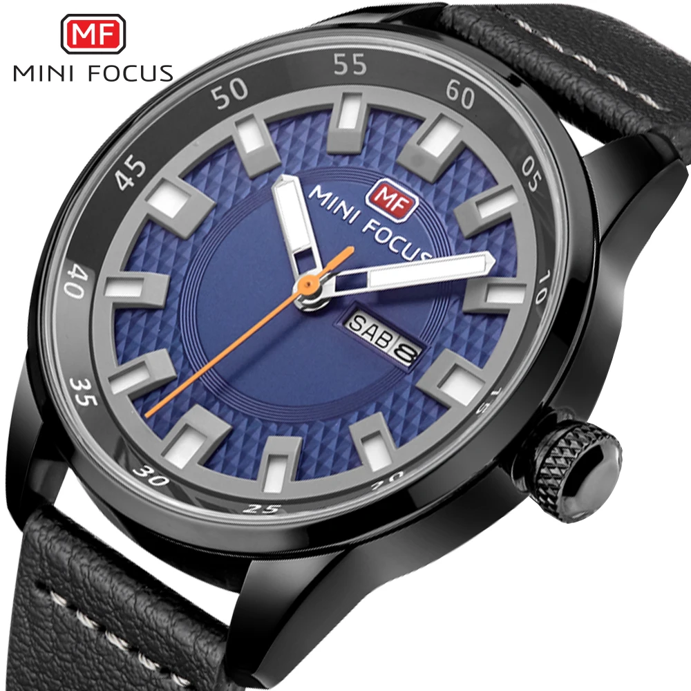 

MINI FOCUS Fashion Casual Quartz Watch Men Analog Clcok Leather Strap Purple Dial Date Week Display Simple Sports Wristwatches