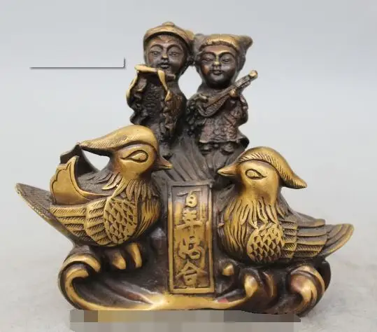 

song voge gem S6283 6" Chinese Bronze Wealth Money spouse Mandarin Duck Bird Boy Girl Statue