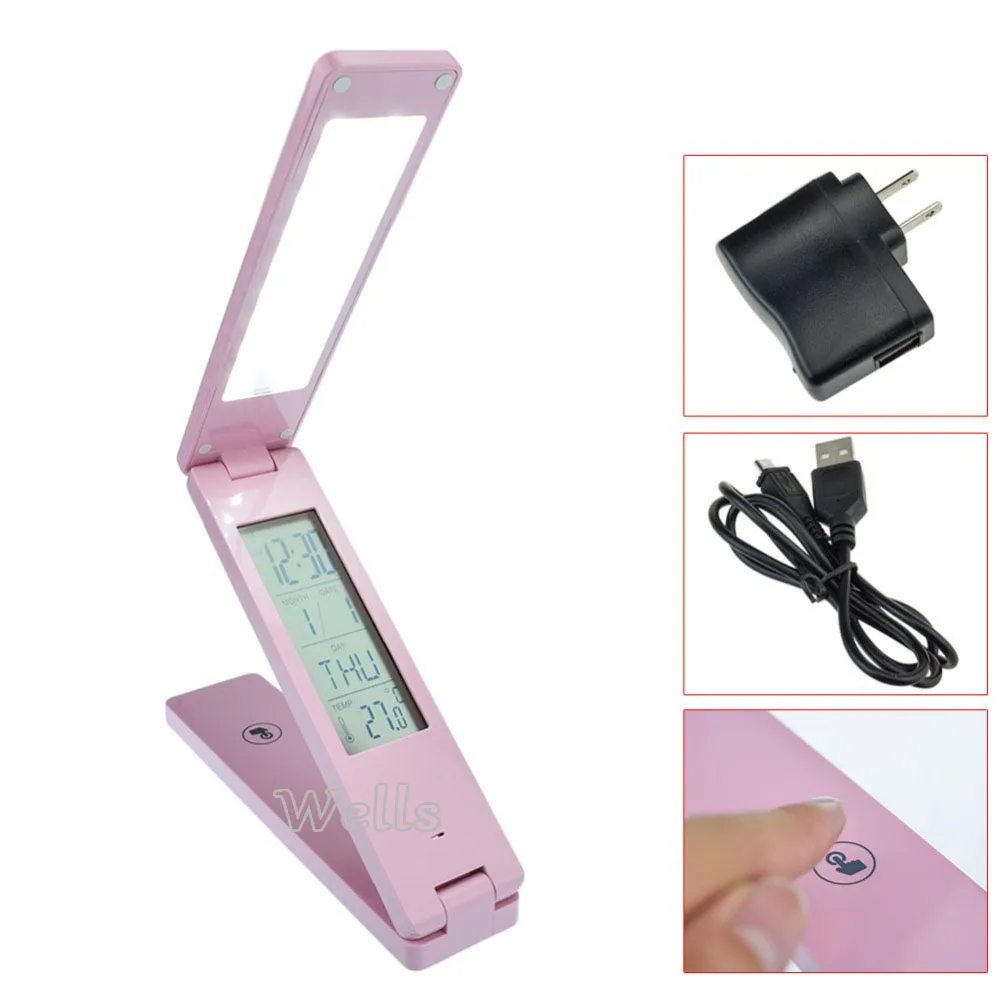  Foldable LED desk Lamp Rechargable Reading Light Touch Control Calendar Alarm Clock Temperature Dim