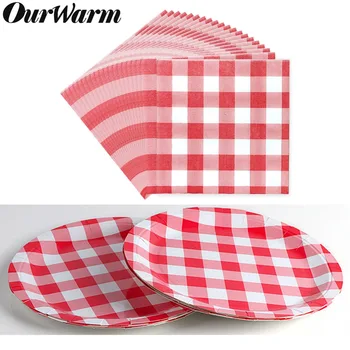 

OurWarm Picnic Party Disposable Tableware Red Plaid Napkins Paper Plates Dinnerware Set BBQ Party Supplies