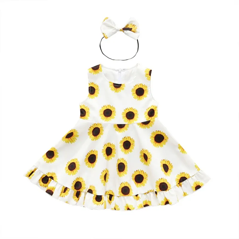 

Casual Knee-Length Lapel 1-4Y Summer Casual Fashion Baby Girl Cute Sunflower Sleeveless Princess Dress And Headband Kit