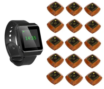

Waiter paging system, watch pager, table call bell, 15pc two buttons wood transmitter, singcall restaurant customer service