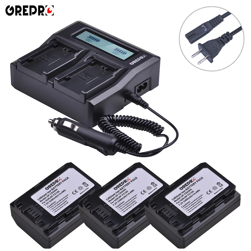 

GREPRO 3pcs 2280mAh NP-FZ100 NP FZ100 NPFZ100 Camera Battery+Fast LCD Charger for SONY ILCE-9 A7m3 a7r3 A9/A9R 7RM3 9S 9R BC-QZ1
