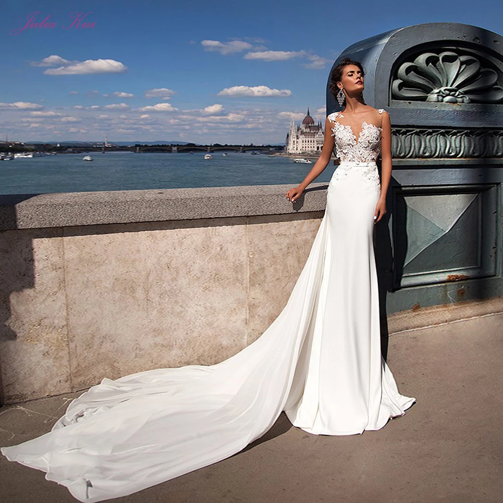 

JULIA KUI Scoop Neckline Of Mermaid Wedding Dress With Puffy Chiffon Skirt Vestido De Noiva Ivory Lace