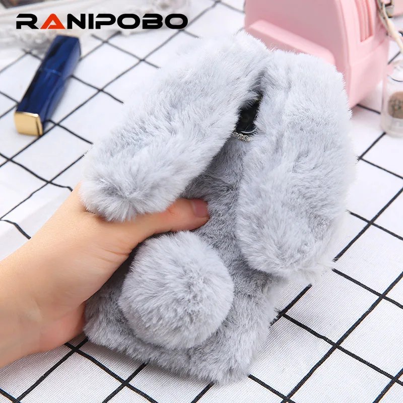 

3D Cute Rabbit Hairy Warm Fur Phone Cases for Samsung Galaxy S9 Plus Bling Rhinestone Plush Bunny Cover Case