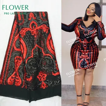 

Red And Black Color Sequined Embroidered Guipure Net Lace Fabric African Sequins Mesh Lace Wedding Dress Laces Guipure Material