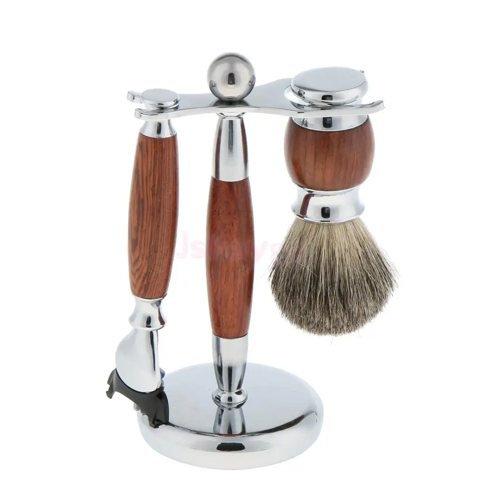

Luxury 3 in1 Men Shaving Kit Soft Bristle Brush Safety Shaver Holder Stand Gift Set Wood Stainless Steel