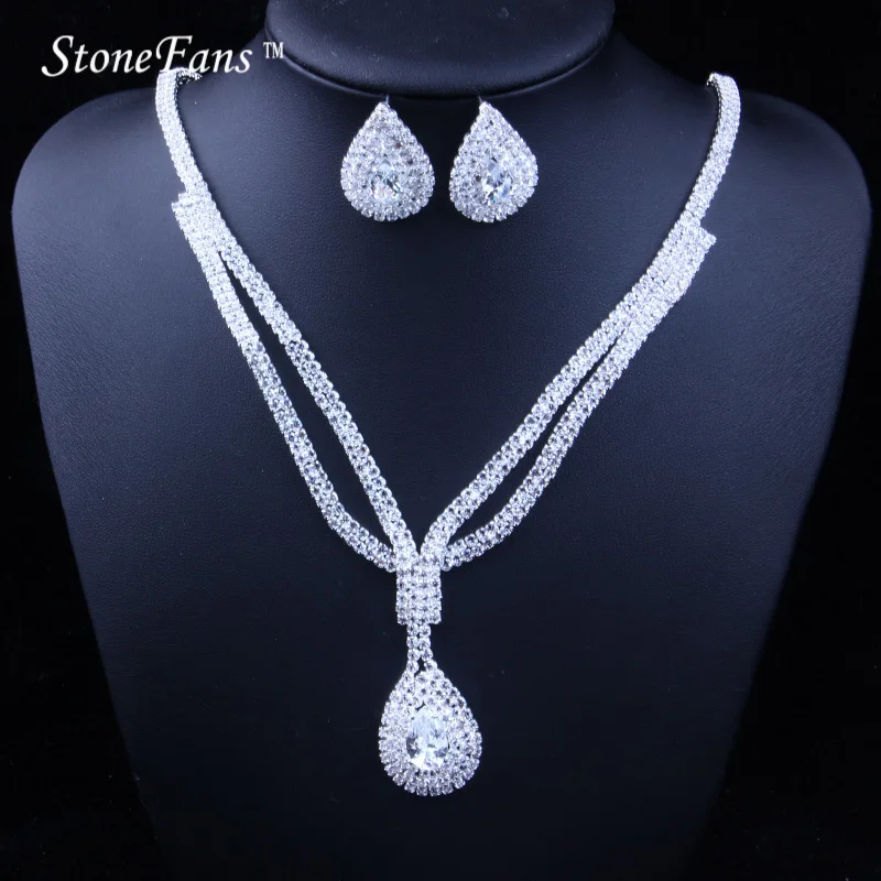 Stone Fans Water Drop Necklace And Earrings Sets Wedding Party Simple