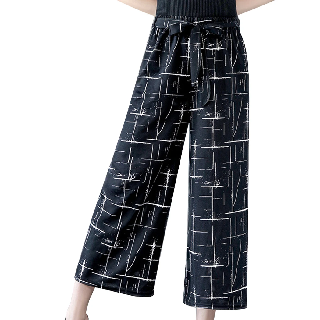 Fashion Women Wide Leg Pants High Elastic Waist Striped