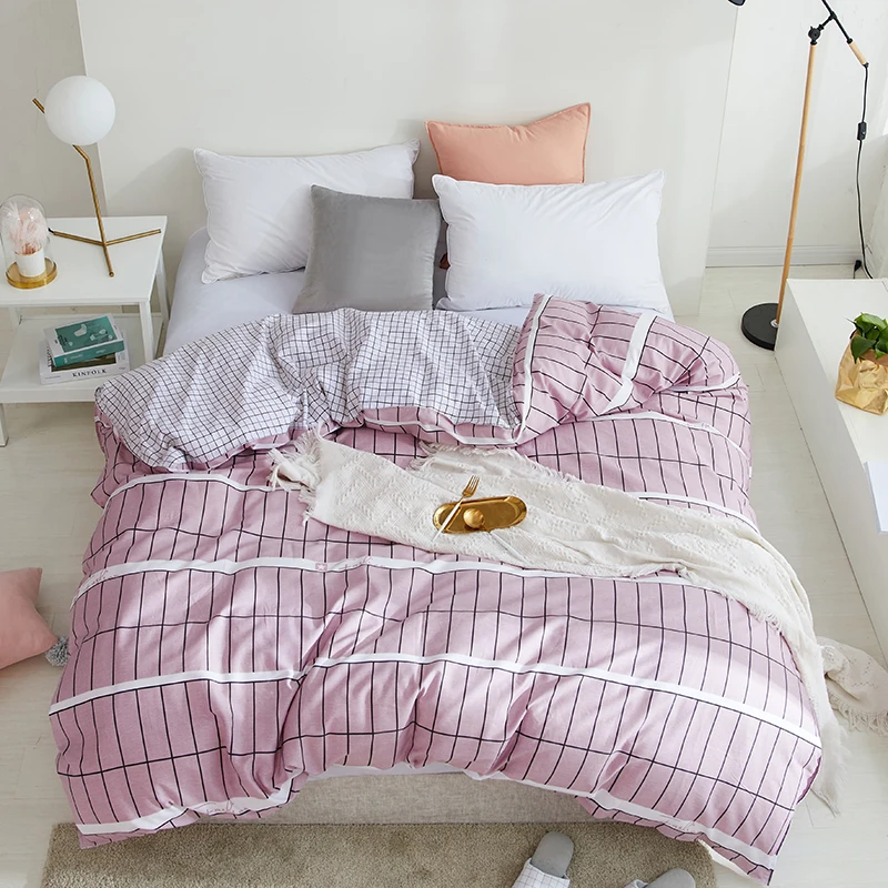 

Fashion Pink Plaid Pattern 2019 1Pcs Duvet Cover Plaid Stripes Quilt Cover Skin Care Cotton Soft Bedclothes 220x240cm 4 Size