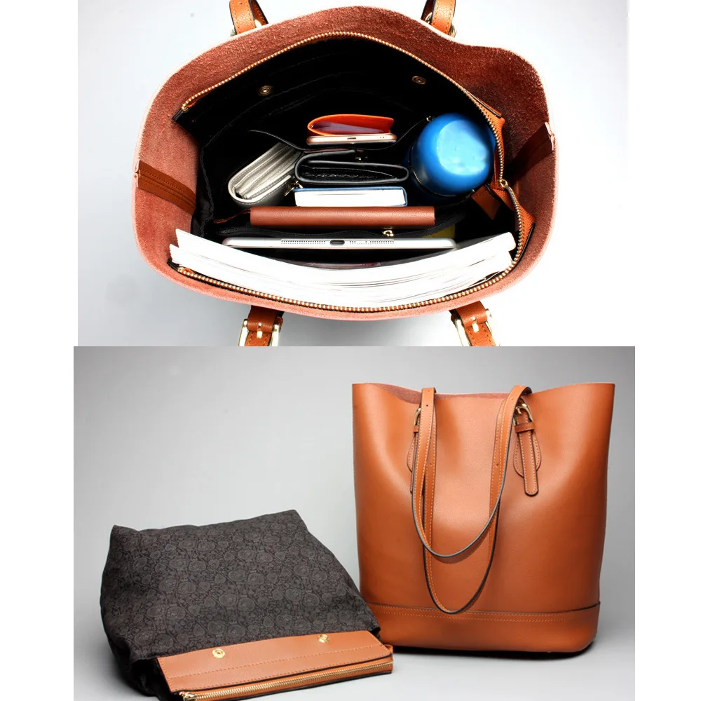 Zency Large Capacity Women Shoulder Bags 100% Genuine Leather Handbag Brown Vintage Shopping Bag Su