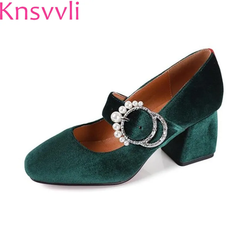 

Crystal Round Buckle Thick Heel Ink Green Velvet Shoes Ladies Pumps Pearl Hasp Black Round Toe Women's Shoes With A Heel