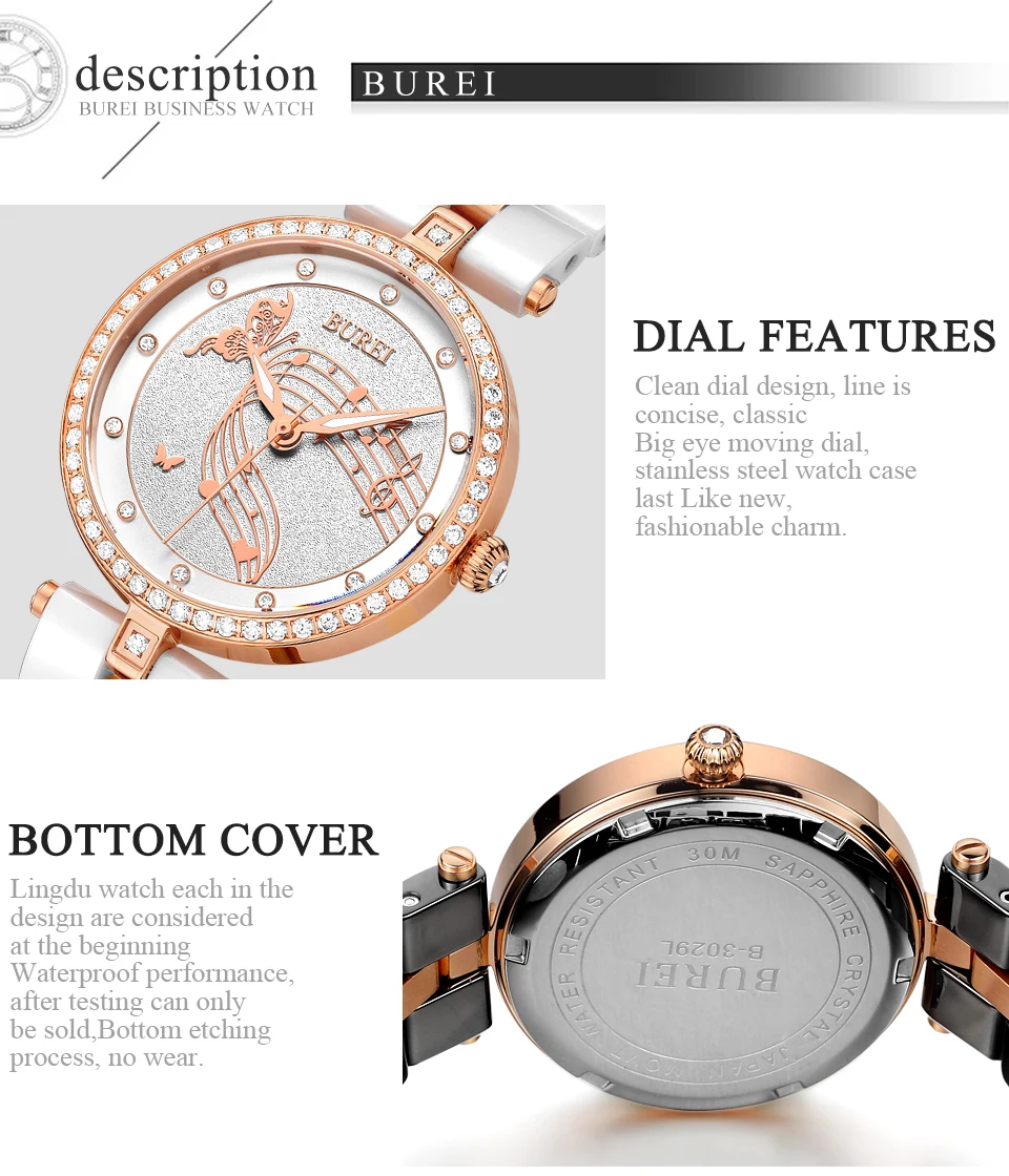 Бренд BUREI, женские часы, водонепроницаемые, модный керамический браслет, кварцевые наручные часы, женские, черные, золотые, белые, Relogio Feminino