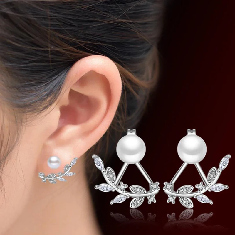 

New Elegant Imitation Pearl 925 Sterling Silver Branch Leaves Stud Earrings for Women Girl Brincos Pearls Jewelry AY137