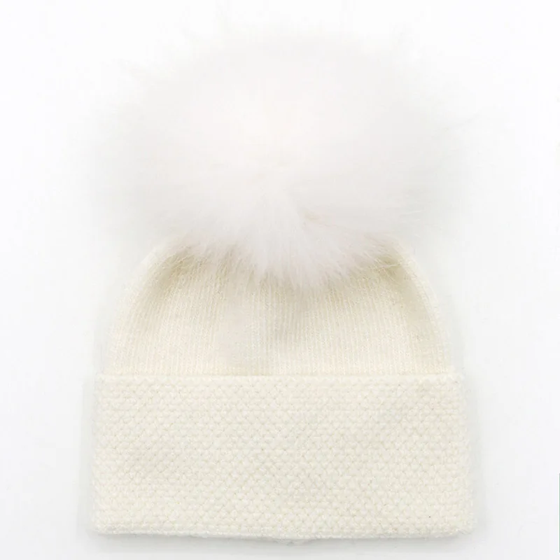 GZHilovingL/Новинка года; теплые зимние шапки для мальчиков и девочек; Детские шапки из мягкой кроличьей шерсти; плотная вязаная шапочка мех; шапка с помпоном - Цвет: cream