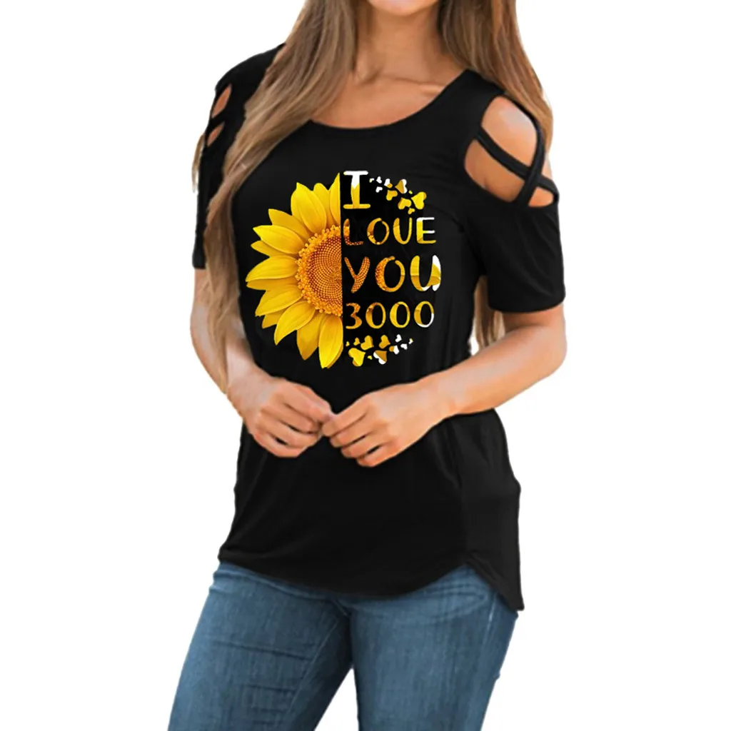 

Women Summer personality Short Sleeve print sunflower and letter Strappy Shoulder Printed Tops Blouses high quality 30H