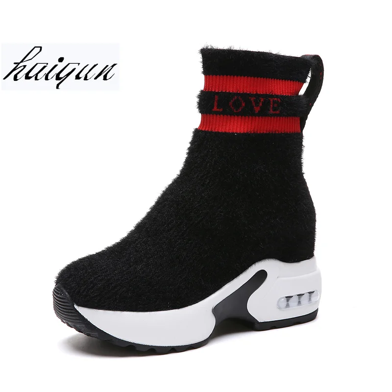 

Women Autumn winter Knit Sneakers Boots Hidden Increasing Shoes Women Wedge Casual Shoes High Heels 9 cm Platform Shoes EU 35-40