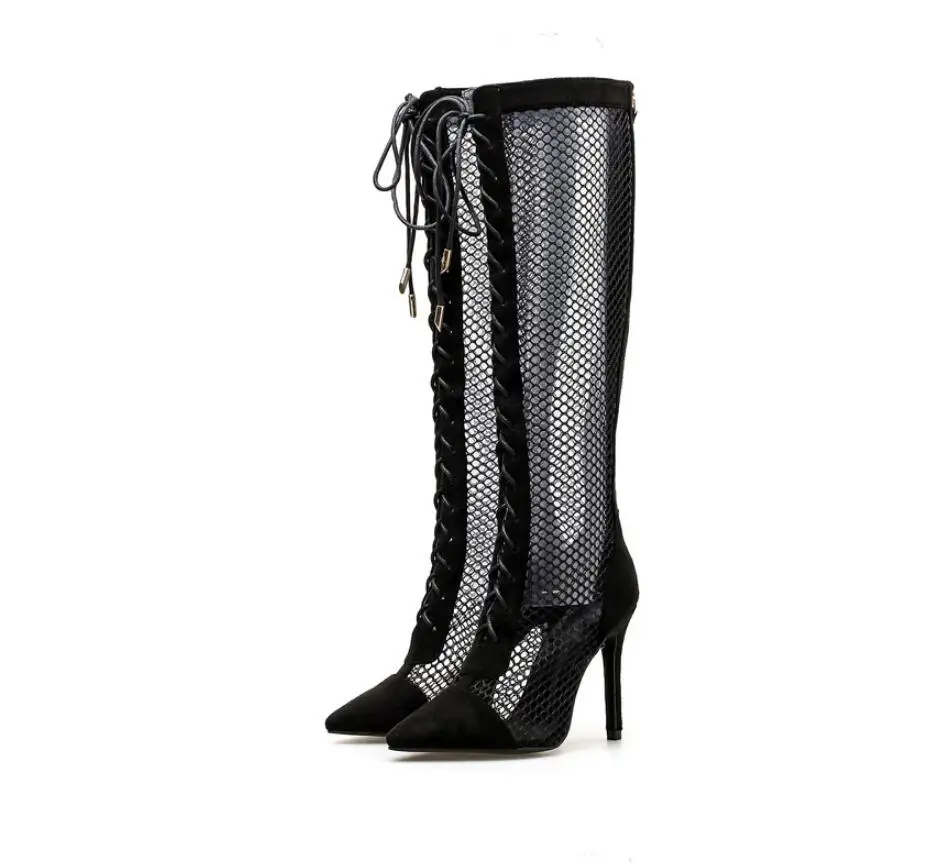 

2018 European and American new hollowed-out thigh-high boots sexy band stiletto boots pointed mesh women's shoes