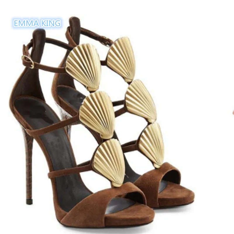 

2019 White Shells Designer Summer Sandals Women Ankle Buckle Strap Fashion High Heels Shoes Woman Hollow Sexy Gladiator Sandals