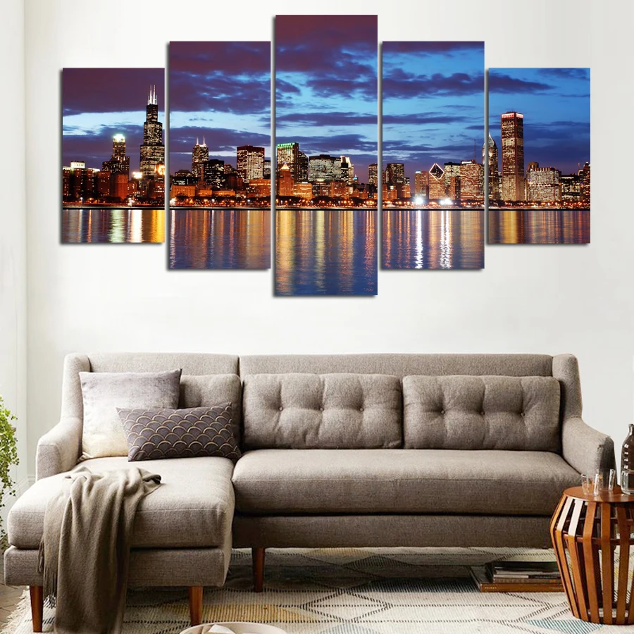 5 Piece Printed Canvas Painting Chicago City skyline Night view room ...