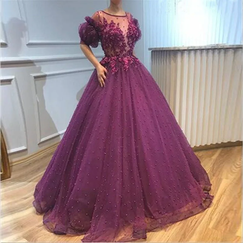 

Purple Half Sleeve Evening Party Dresses Ball Gown Tulle Beaded Applique Elegant Dubai Saudi Arabic Long Pageant Formal Dresses