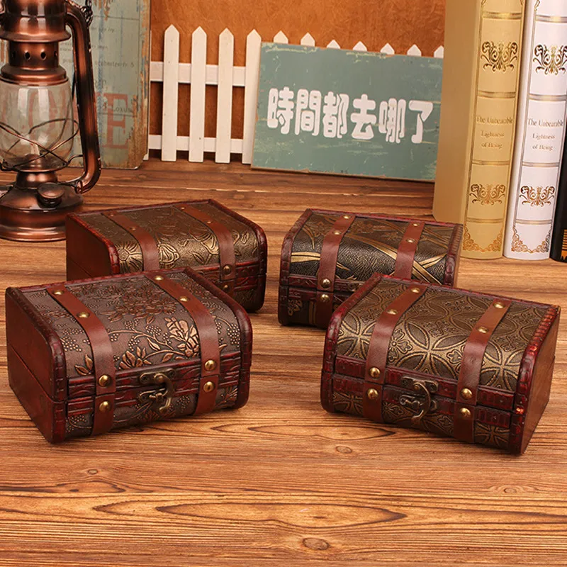 

Zakka Vintage wooden jewelry storage box gift small leather for Ring and Earrings Storage craft organizer Desket Decorative