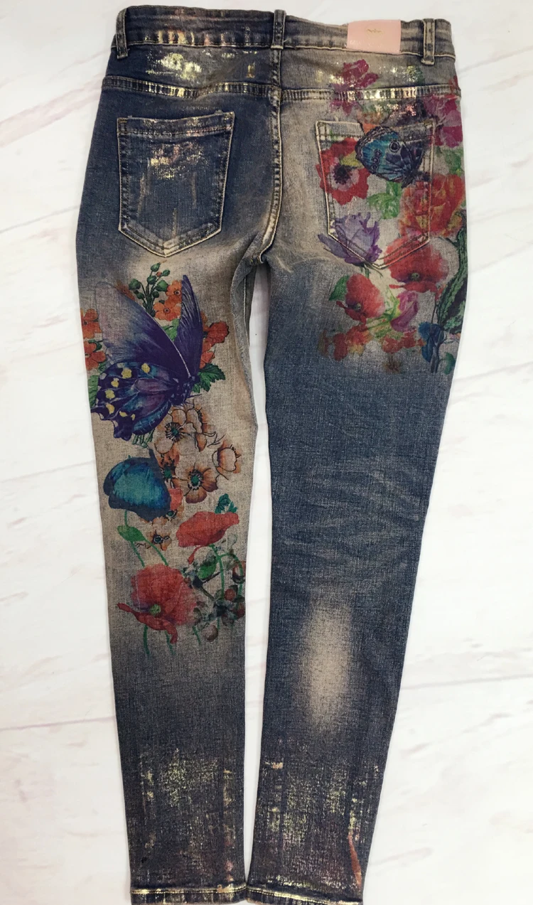 Весна-Осень, тянущиеся джинсы-карандаш размера плюс 25-32 с 3D цветочным рисунком, окрашенные элегантные джинсы, женские обтягивающие джинсы